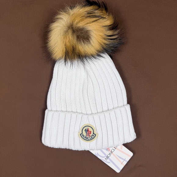 Moncler Accessories - New Women’s Moncler Ribbed Knit White Beanie with Pom-Pom
